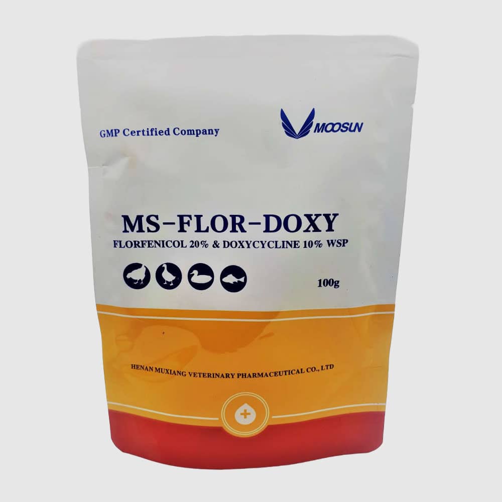 MS- Flor Doxy. It contains Florfenicol 20% and Doxycycline 10% as (WSP). 100g